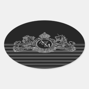 Black Silver Lion Unicorn Regal Emblem Monogram Oval Sticker