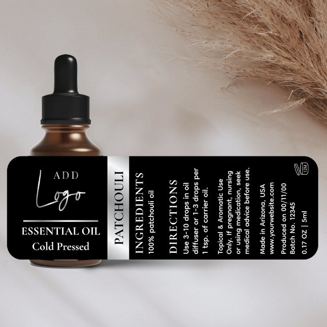 Black Silver Logo Essential Oil Bottle Waterproof (Waterproof dropper bottle label for small cosmetic bottles &verify size to ensure a good fit*)