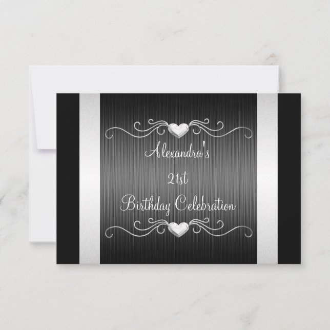 Black Silver Love Hearts 21st Birthday Event 2 Invitation (Front)