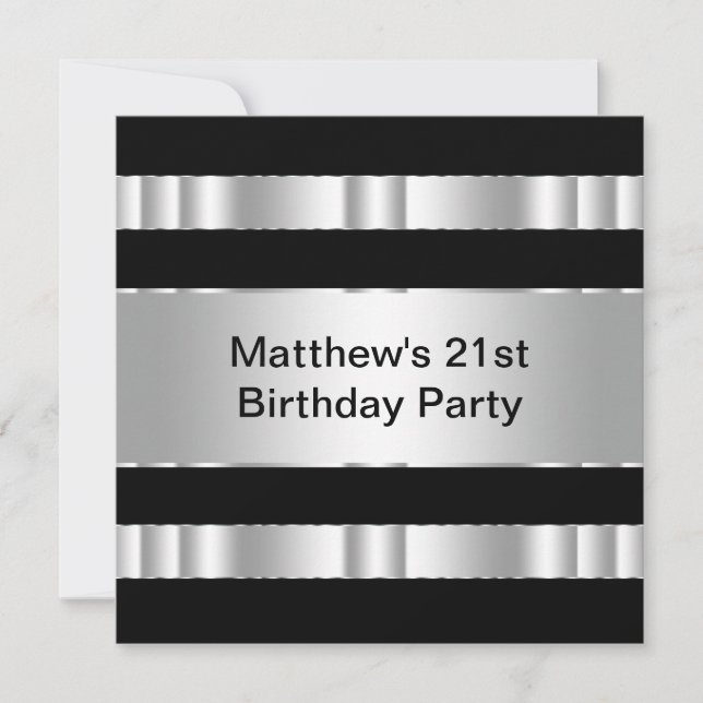 Black Silver Mans 21st Birthday Party Invitation (Front)