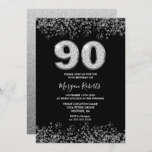 Black Silver Mens Womans 90th Birthday Party Invitation
