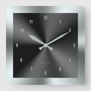 Black & Silver & Metallic Stainless Steel Square Wall Clock