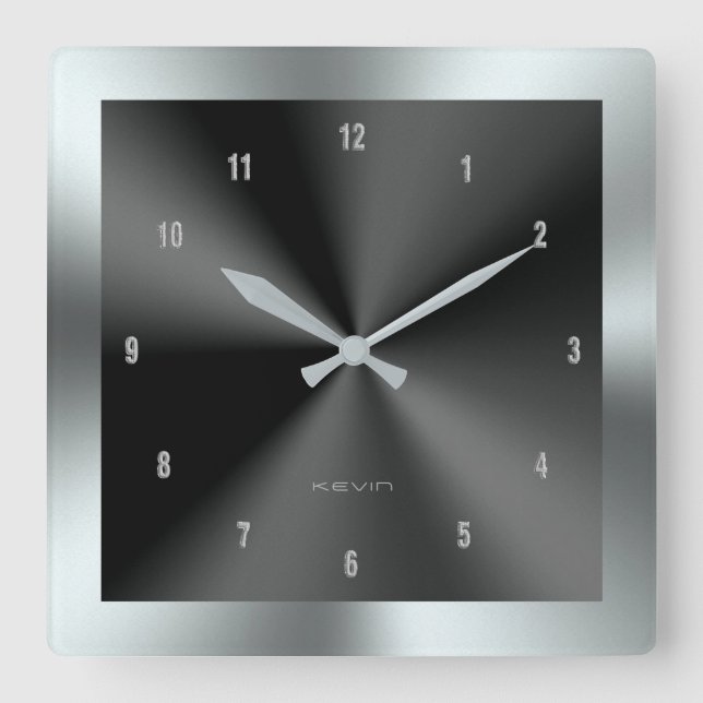 Black & Silver & Metallic Stainless Steel Square Wall Clock (Front)