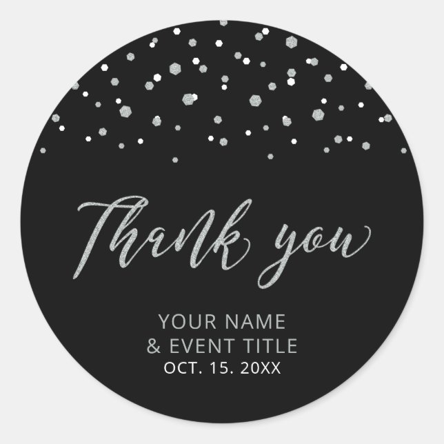 Black & Silver Modern Birthday Favour Thank you Cl Classic Round Sticker (Front)