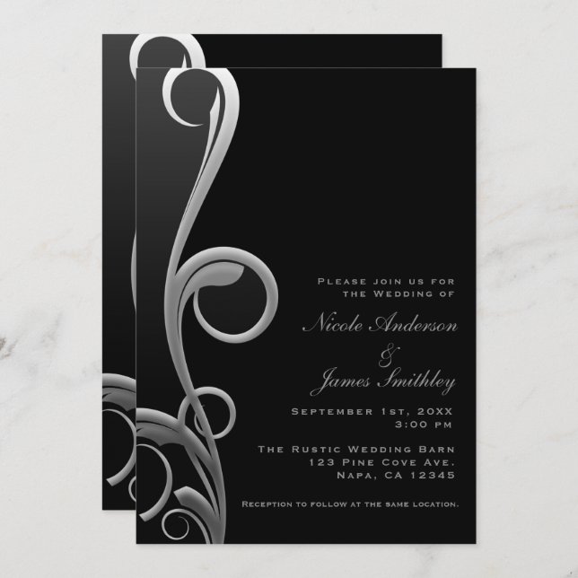Black & Silver Modern Glam Elegant Swirl Wedding Invitation (Front/Back)