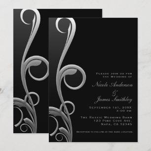 Black & Silver Modern Glam Elegant Swirl Wedding Invitation