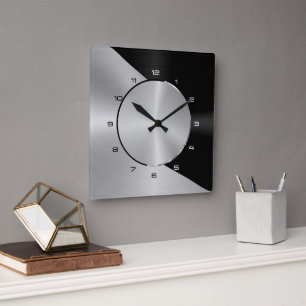Black & Silver Modern Metallic Geometric design 2 Square Wall Clock