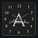 Black Silver Modern Script Girly Monogram Name<br><div class="desc">Silver and Black Script Monogram Name Clock. This makes the perfect sweet 16 birthday,  wedding,  bridal shower,  anniversary,  baby shower or bachelorette party gift for someone that loves glam luxury and chic styles.</div>
