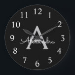 Black Silver Modern Script Girly Monogram Name<br><div class="desc">Black and Silver Simple Script Monogram Name Clock. This makes the perfect sweet 16 birthday,  wedding,  bridal shower,  anniversary,  baby shower or bachelorette party gift for someone that loves glam luxury and chic styles.</div>