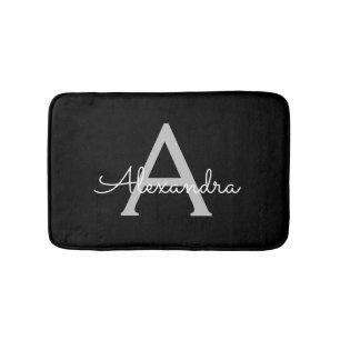 Black Silver Modern Script Girly Monogram Name Bath Mat