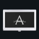 Black Silver Modern Script Girly Monogram Name Business Card Holder<br><div class="desc">Black and Silver Simple Script Monogram Name Business Card Holder. This makes the perfect sweet 16 birthday,  wedding,  bridal shower,  anniversary,  baby shower or bachelorette party gift for someone that loves glam luxury and chic styles.</div>