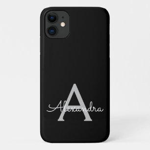 Black Silver Modern Script Girly Monogram Name Case-Mate iPhone Case