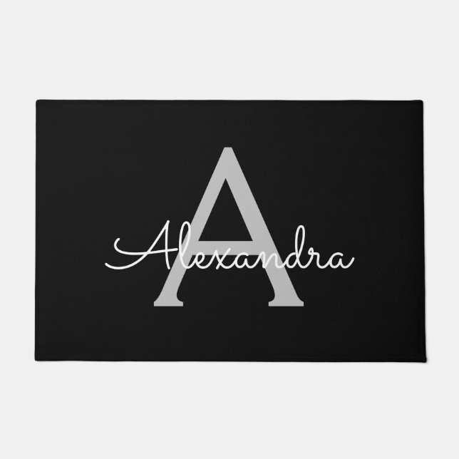 Black Silver Modern Script Girly Monogram Name Doormat (Front)