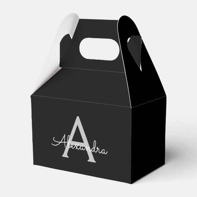Black Silver Modern Script Girly Monogram Name Favour Box (Front Side)