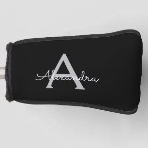 Black Silver Modern Script Girly Monogram Name Golf Head Cover