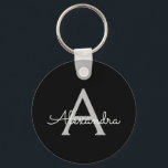 Black Silver Modern Script Girly Monogram Name Key Ring<br><div class="desc">Black and Silver Simple Script Monogram Name Keychains (Key Chain). This makes the perfect sweet 16 birthday,  wedding,  bridal shower,  anniversary,  baby shower or bachelorette party gift for someone that loves glam luxury and chic styles.</div>