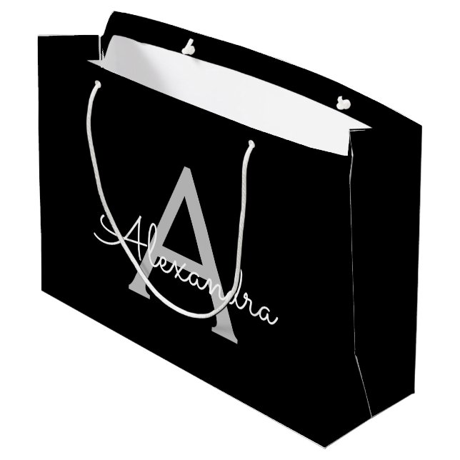 Black Silver Modern Script Girly Monogram Name Large Gift Bag (Back Angled)
