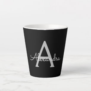Black Silver Modern Script Girly Monogram Name Latte Mug