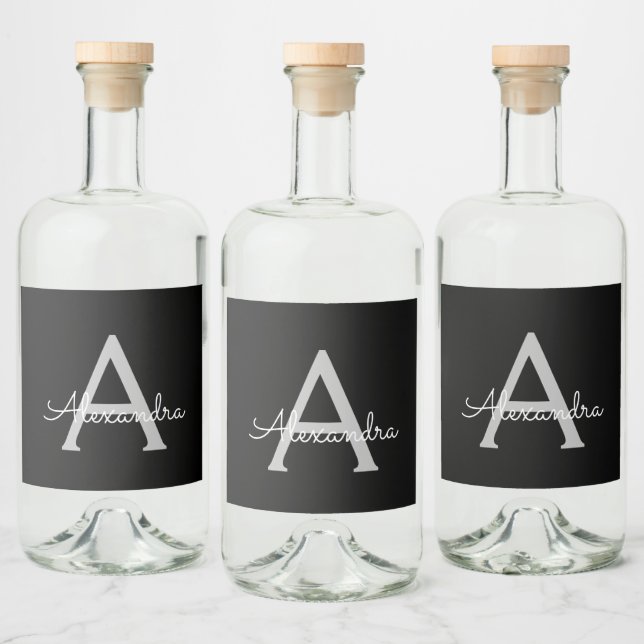 Black Silver Modern Script Girly Monogram Name Liquor Bottle Label (Bottles)