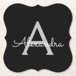 Black Silver Modern Script Girly Monogram Name Paper Coaster<br><div class="desc">Black and Silver Simple Script Monogram Name Paper Coasters. This makes the perfect graduation,  birthday,  wedding,  bridal shower,  anniversary,  baby shower or bachelorette party gift for someone that loves glam luxury and chic styles.</div>