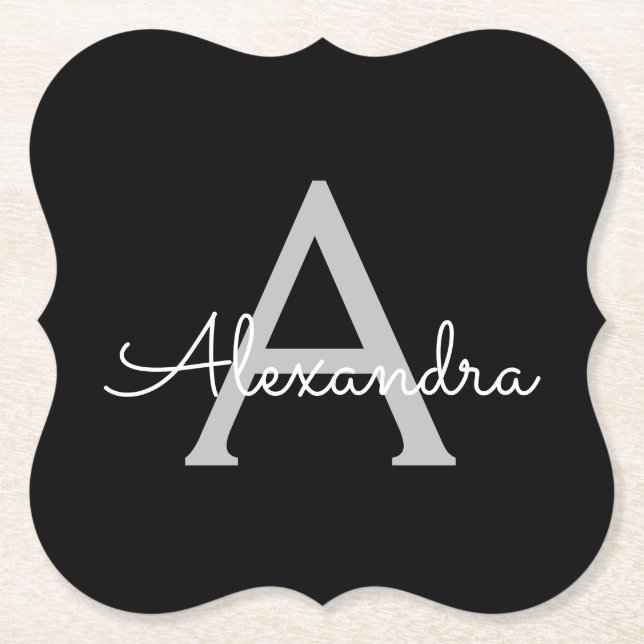 Black Silver Modern Script Girly Monogram Name Paper Coaster (Front)