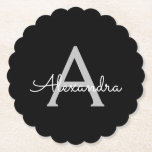 Black Silver Modern Script Girly Monogram Name Paper Coaster<br><div class="desc">Black and Silver Simple Script Monogram Name Paper Coasters. This makes the perfect graduation,  birthday,  wedding,  bridal shower,  anniversary,  baby shower or bachelorette party gift for someone that loves glam luxury and chic styles.</div>