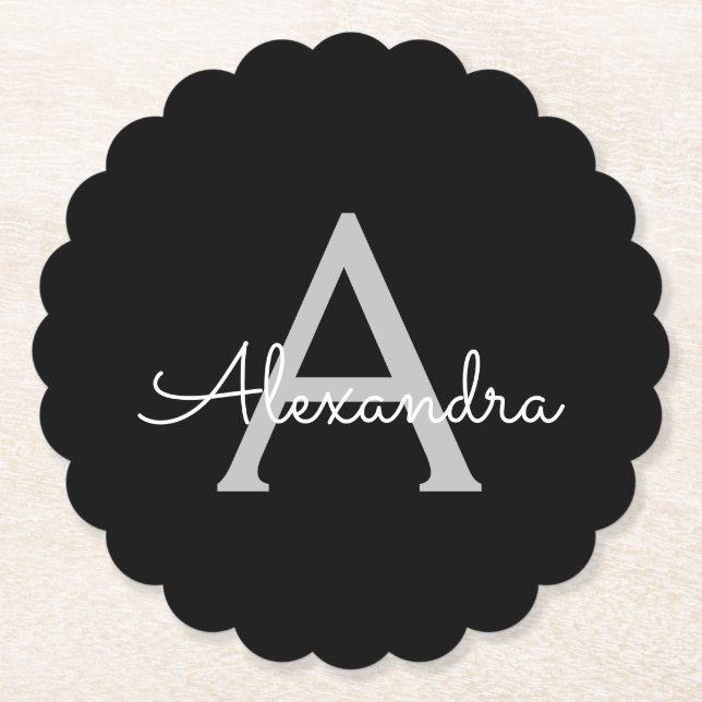 Black Silver Modern Script Girly Monogram Name Paper Coaster (Front)