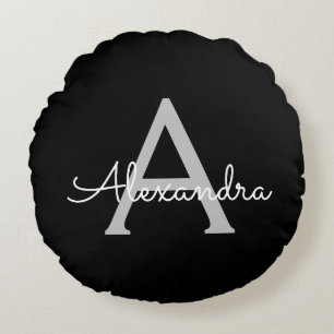 Black Silver Modern Script Girly Monogram Name Round Cushion