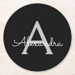 Black Silver Modern Script Girly Monogram Name Round Paper Coaster<br><div class="desc">Black and Silver Simple Script Monogram Name Paper Coasters. This makes the perfect graduation,  birthday,  wedding,  bridal shower,  anniversary,  baby shower or bachelorette party gift for someone that loves glam luxury and chic styles.</div>