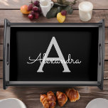 Black Silver Modern Script Girly Monogram Name Serving Tray<br><div class="desc">Black and Silver Simple Script Monogram Name Place Serving Tray. This makes the perfect graduation,  birthday,  wedding,  bridal shower,  anniversary,  baby shower or bachelorette party gift for someone that loves glam luxury and chic styles.</div>