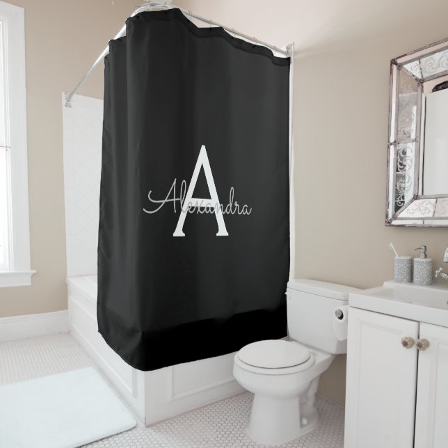 Black Silver Modern Script Girly Monogram Name Shower Curtain (In Situ)