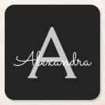 Black Silver Modern Script Girly Monogram Name Square Paper Coaster<br><div class="desc">Black and Silver Simple Script Monogram Name Paper Coasters. This makes the perfect graduation,  birthday,  wedding,  bridal shower,  anniversary,  baby shower or bachelorette party gift for someone that loves glam luxury and chic styles.</div>