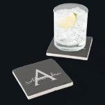 Black Silver Modern Script Girly Monogram Name Stone Coaster<br><div class="desc">Black and Silver Simple Script Monogram Name Stone Tile. This makes the perfect graduation,  sweet 16 birthday,  wedding,  bridal shower,  anniversary,  baby shower or bachelorette party gift for someone that loves glam luxury and chic styles.</div>