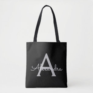 Black Silver Modern Script Girly Monogram Name Tote Bag