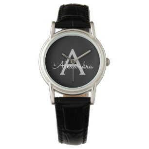 Black Silver Modern Script Girly Monogram Name Watch