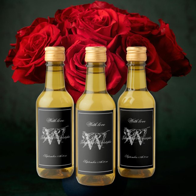 Black & Silver Modern Wedding  Monogram Cool Mini Wine Label (Black and Silver Modern Wedding - Monogram and Names Cool Mini Wine Labels.)