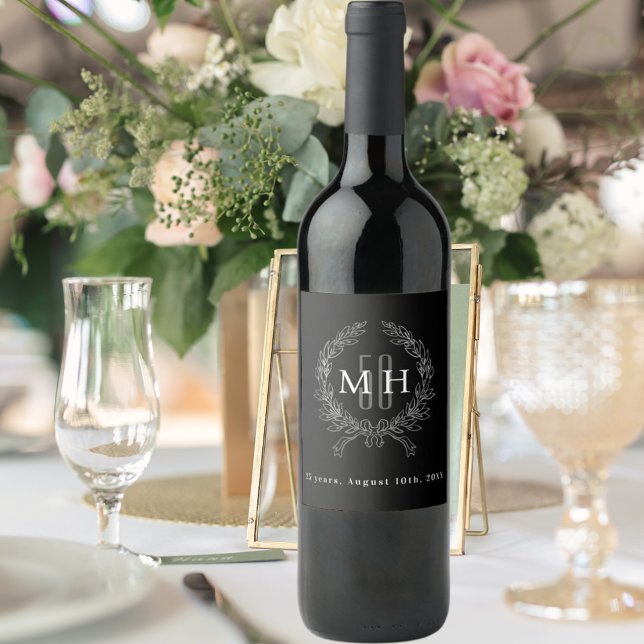 Black silver monogram 25th wedding anniversary wine label (Creator Uploaded)