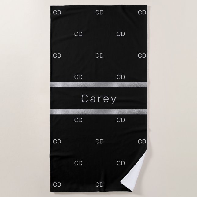 Black silver monogram initials name men guys beach towel (Front)