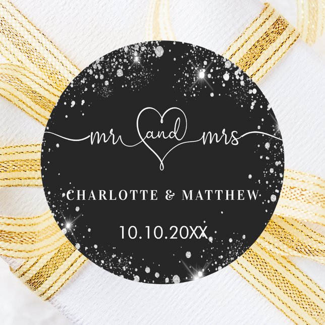 Black silver mr mrs heart wedding classic round sticker (Creator Uploaded)