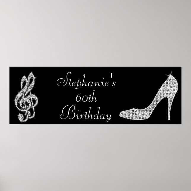 Black/Silver Music Note & Stiletto 60th Birthday Poster (Front)