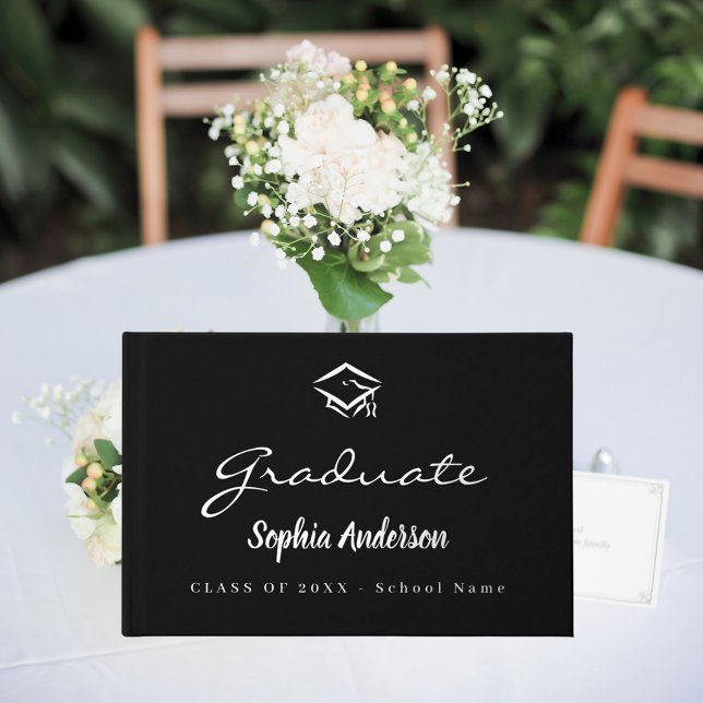 Black silver name script cap Graduation Guest Book (Creator Uploaded)