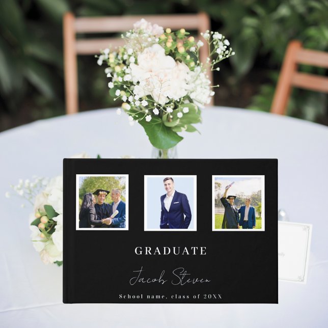 Black silver name script photo Graduation Guest Book (Creator Uploaded)