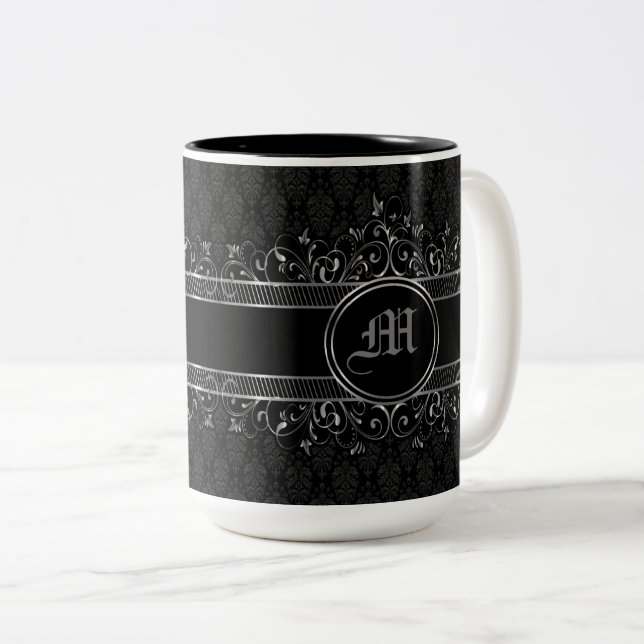 Black & Silver Ornate Gothic Monogrammed Two-Tone Coffee Mug (Front Right)
