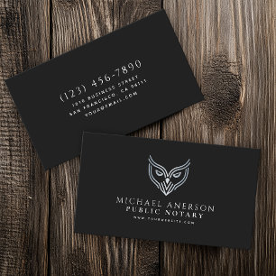 Black Silver Owl Minimal Notary Loan Signing Agent Business Card