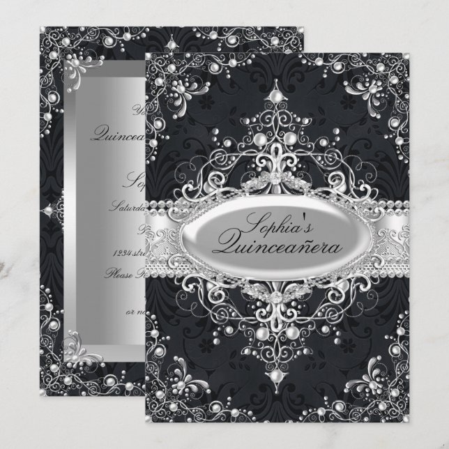 Black & Silver Pearl Vintage Glamour Quinceanera Invitation (Front/Back)