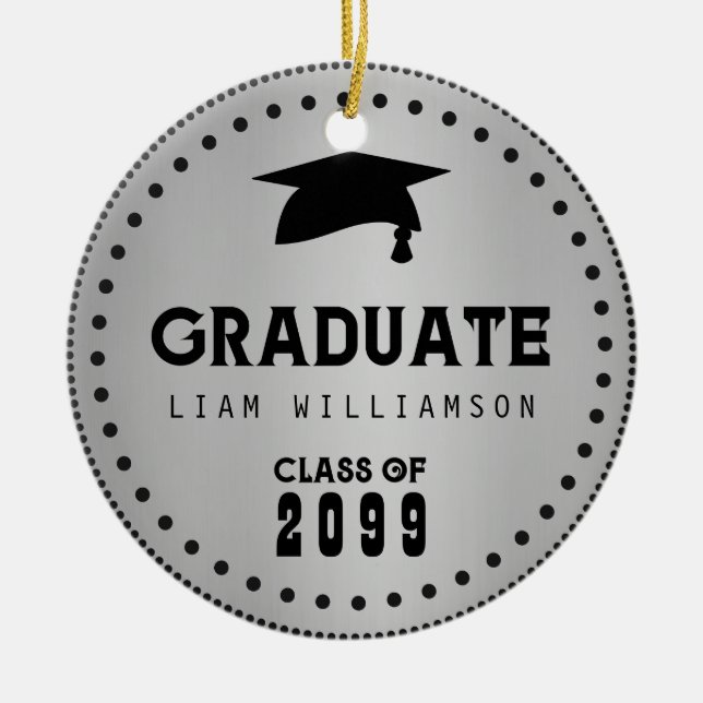 Black Silver Personalised Graduation Masculine Ceramic Tree Decoration (Front)