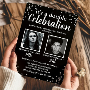 Black Silver Photo Dual Birthday Invitation