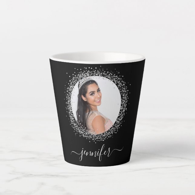 Black silver photo glitter name script latte mug (Front)