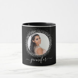 Black silver photo glitter name script  mug
