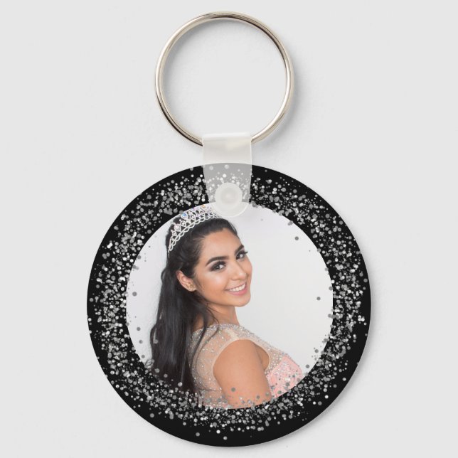 Black silver photo sparkles key ring (Front)